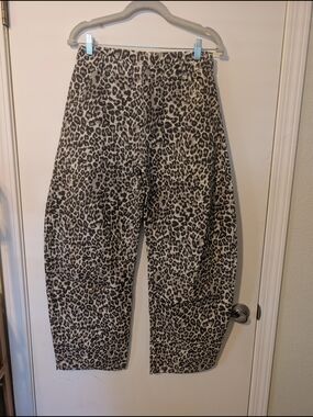 PrettyGarbage Leopard Print Barrel Jeans - Beige & Black